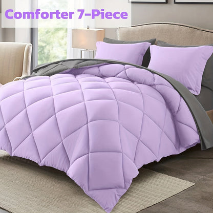 Ensemble de literie 7 pièces pour lit Queen/King – Parure de lit en microfibre douce à plis pincés, comprenant une couette, un drap-housse, un drap plat et 4 taies d'oreiller, ensemble de literie toutes saisons pour la maison et le dortoir