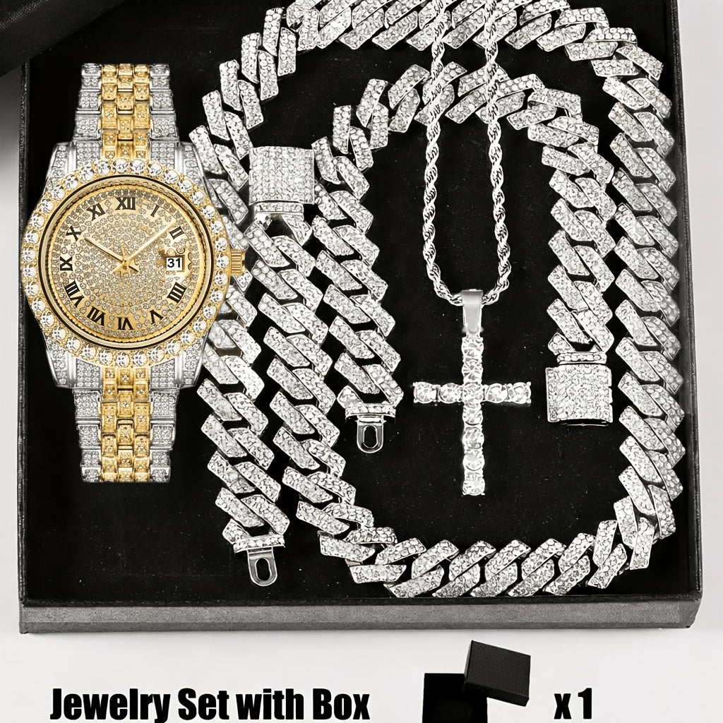 Parure de bijoux 4 pièces avec montre strass et pendentif croix, montre-bracelet analogique à quartz, collier, bracelet et boucles d'oreilles, cadeau unisexe pour lui ou elle, mariage