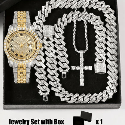 Parure de bijoux 4 pièces avec montre strass et pendentif croix, montre-bracelet analogique à quartz, collier, bracelet et boucles d'oreilles, cadeau unisexe pour lui ou elle, mariage