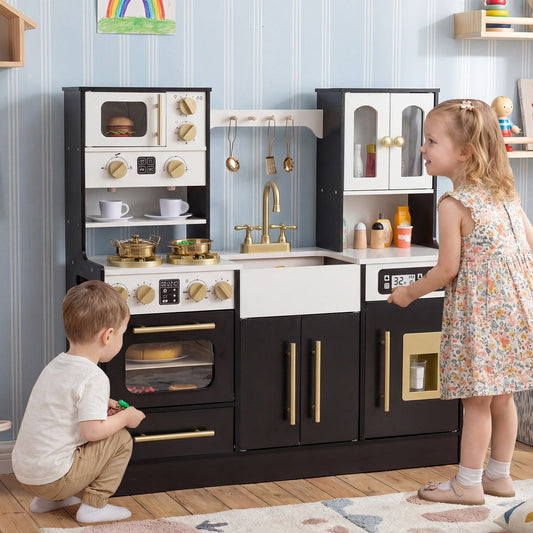 Cuisine jouet en bois pour enfants avec lumières réalistes – Ensemble de jeu de chef factice de 92,7 cm avec cuisinière, évier, four, machine à glaçons, micro-ondes et cafetière, jouet d'imitation pour garçons et filles de 3 ans et plus