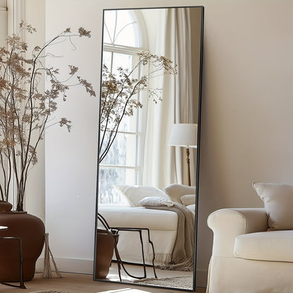 Miroir sur pied pleine longueur à sommet cintré – Miroir plein corps avec support pour chambre, salon et dressing, peut être fixé au mur, disponible en 3 tailles et 2 coloris (noir et doré)