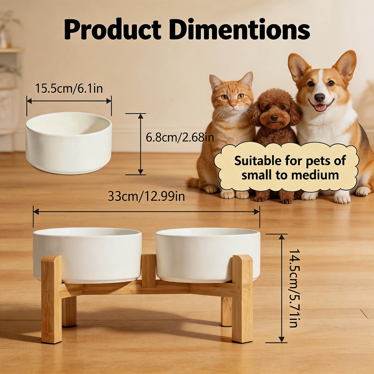 Ensemble de gamelles surélevées en céramique pour chien avec support en bambou - Double gamelle surélevée antidérapante de 850 ml pour chiens, chats et chiots, gamelle anti-glouton à hauteur réglable avec rangement (4 couleurs)