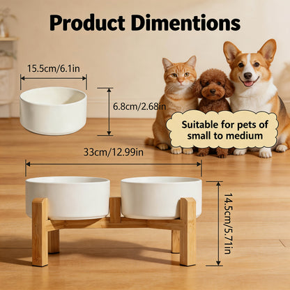 Ensemble de gamelles surélevées en céramique pour chien avec support en bambou - Double gamelle surélevée antidérapante de 850 ml pour chiens, chats et chiots, gamelle anti-glouton à hauteur réglable avec rangement (4 couleurs)