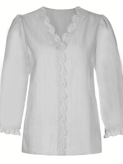 Chemisier élégant pour femme à texture en dentelle, col en V et manches courtes, léger et respirant, haut décontracté pour le printemps et l'été, lavable en machine, blanc, S-XXL