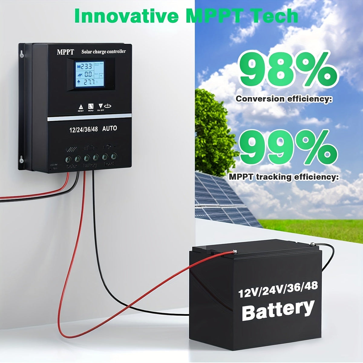 Contrôleur de charge solaire MPPT 100 A avec écran LCD et suivi automatique – Compatible avec les batteries au plomb, au lithium et LiFePO4, pour systèmes solaires hors réseau, camping-cars, bateaux et maisons