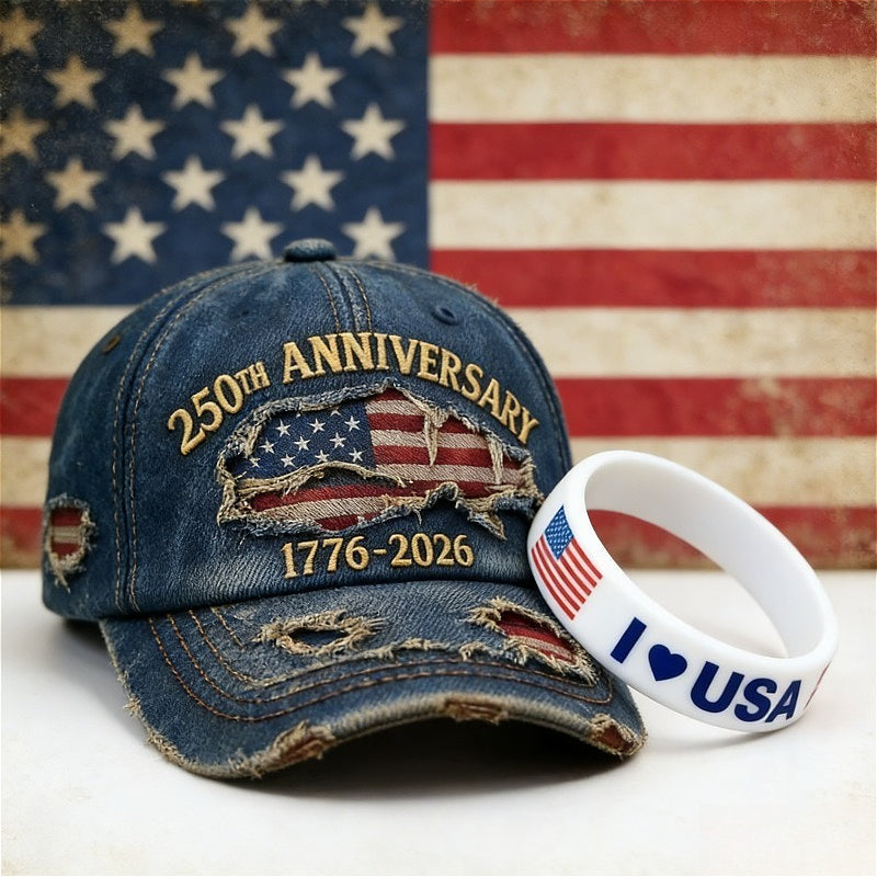 Ensemble casquette de baseball en jean vieilli brodé patriotique et bracelet – Cadeau du 250e anniversaire de l'indépendance des États-Unis, thème drapeau américain, casquette unisexe réglable pour les célébrations du 4 juillet