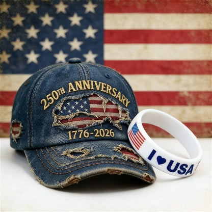 Ensemble casquette de baseball en jean vieilli brodé patriotique et bracelet – Cadeau du 250e anniversaire de l'indépendance des États-Unis, thème drapeau américain, casquette unisexe réglable pour les célébrations du 4 juillet