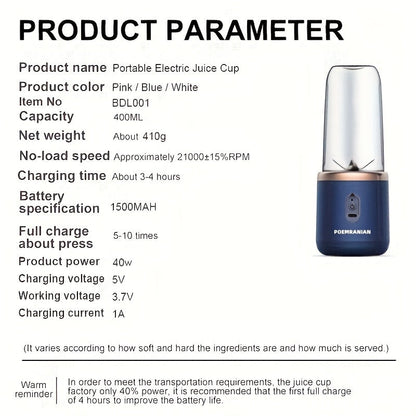 Mixeur personnel portable rechargeable par USB 1500 mAh – Blender à smoothies pour fruits et légumes en ABS de qualité alimentaire avec double tasse, mini mixeur multifonction pour la maison, les voyages et la salle de sport, coffret cadeau inclus