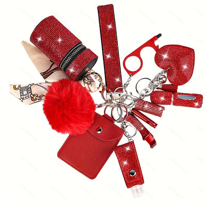 Ensemble de 11 porte-clés à strass pour femmes – Anneau multifonction avec porte-carte, pilulier, sifflet, flacon de parfum et pochette de rangement, cadeau idéal pour elle