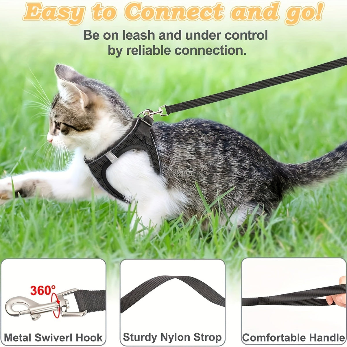Harnais et laisse anti-fugue pour chatons - Harnais gilet en maille souple réfléchissante pour des promenades en extérieur en toute sécurité, veste de marche réglable et respirante pour chat, noir et rose, taille S