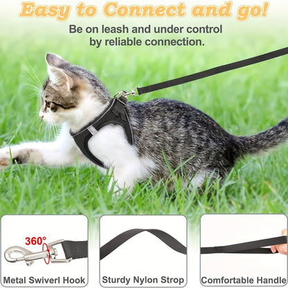 Harnais et laisse anti-fugue pour chatons - Harnais gilet en maille souple réfléchissante pour des promenades en extérieur en toute sécurité, veste de marche réglable et respirante pour chat, noir et rose, taille S