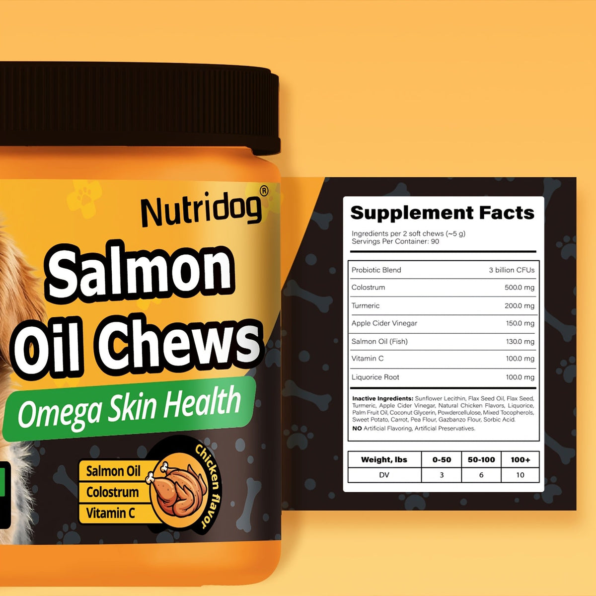 Complément nutritionnel pour chiens en bouchées tendres, 90 unités, aux probiotiques et huile de saumon, goût poulet - Soutient la santé du pelage, la santé intestinale et l'immunité pour les chiens de tous âges, 225 g