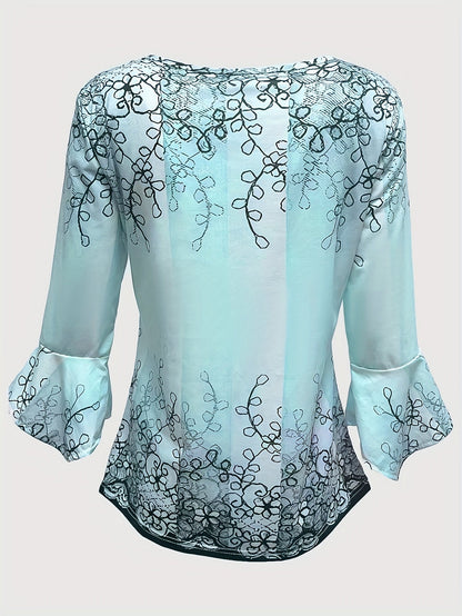 Chemisier boutonné à motif floral pour femme, haut tunique décontracté à manches évasées et volants, tissu en maille extensible doux, printemps, été, automne, S-XXL, lavable en machine