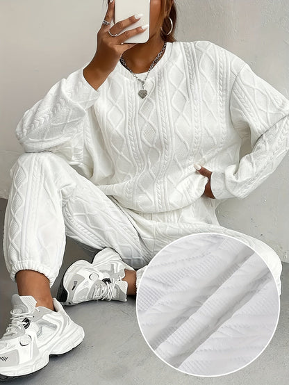 Ensemble survêtement 2 pièces pour femme – Haut à manches longues et col rond en jacquard texturé et pantalon de jogging, tenue de détente décontractée et respirante pour le printemps et l'été S-XXL