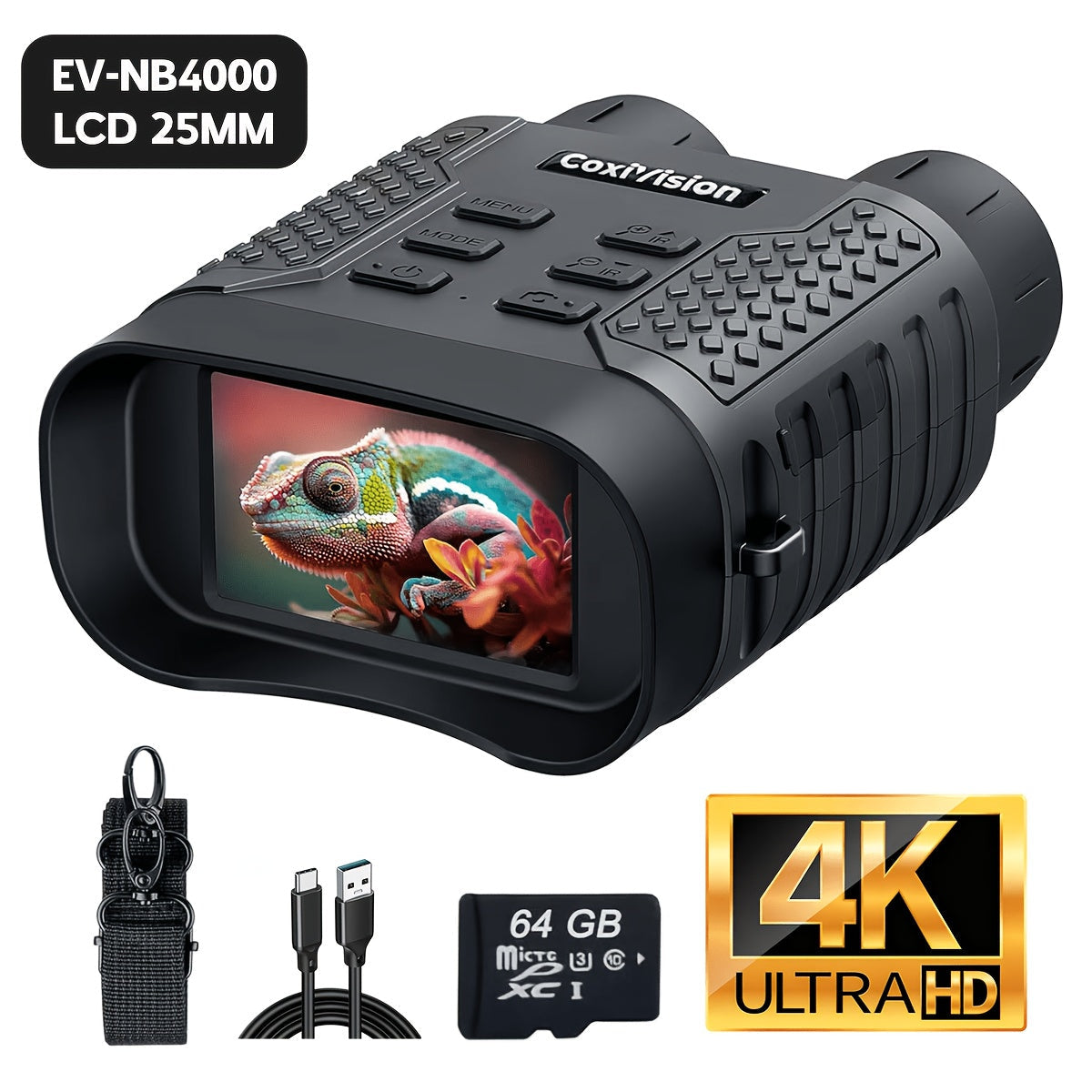 Jumelles de vision nocturne 4K pour adultes, appareil photo 48 MP, écran 3,1 pouces, batterie rechargeable 4400 mAh, réglage IR à 7 niveaux, vision dans l'obscurité totale, vidéo 4K, carte 64 Go pour la chasse, la sécurité et le camping, 25 mm 50 mm