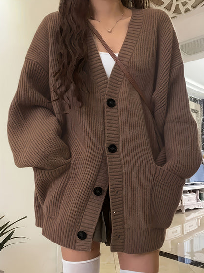 Gilet cardigan oversize en maille côtelée à col en V et boutons pour femme, idéal pour l'automne et l'hiver, confortable et décontracté.