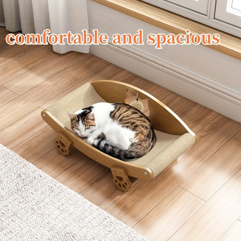 Chaise longue griffoir pour chat en sisal naturel avec jouet balle suspendue – Lit pour chat incurvé en bois massif, canapé anti-rayures pour chaton, protecteur de meubles pour chats d'intérieur
