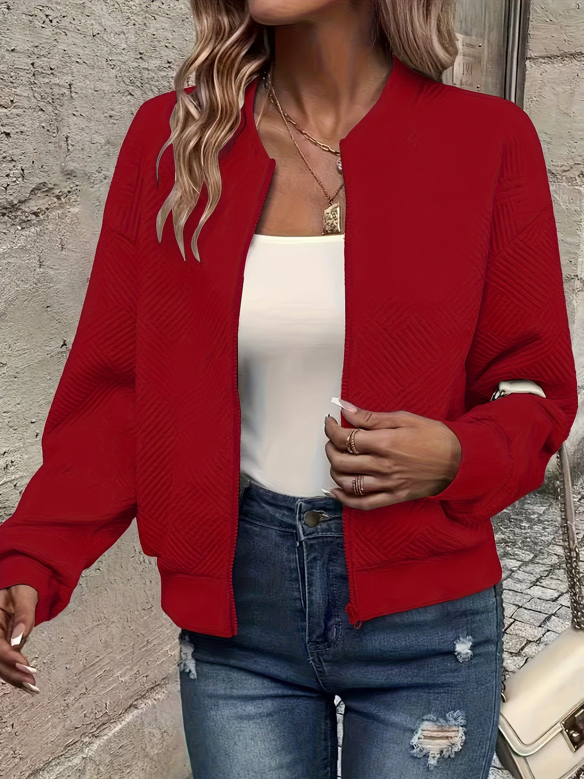 Veste zippée style baseball pour femme - Vêtement d'extérieur décontracté de couleur unie | Manteau sportif doublé en polyester avec bords-côtes, nouveauté mode automne-printemps