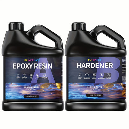 Kit de résine époxy cristalline FUNEPOXY, rapport 1:1, autonivelante, fini ultra-brillant pour dessus de table, comptoirs de bar, tables à bord brut, résine de coulage, création de bijoux, 16oz, 32oz, 64oz, 1 gallon, 2 gallons