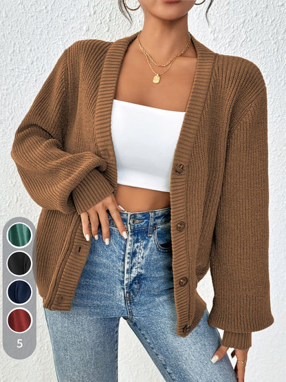 Gilet boutonné pour femme en maille côtelée épaisse, col en V, ouverture sur le devant - Pull veste oversize à épaules tombantes, gilet doux, extensible et chaud pour l'automne et l'hiver, disponible en 5 couleurs, du XS au XL