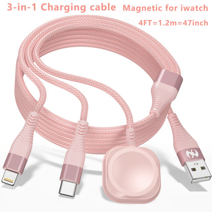 Câble de charge 3 en 1 avec chargeur magnétique pour iWatch – Cordon de charge rapide USB-A vers Lightning et Type-C en nylon tressé, 120 cm, compatible avec iPhone, Apple Watch Series 1-10 et téléphones Android
