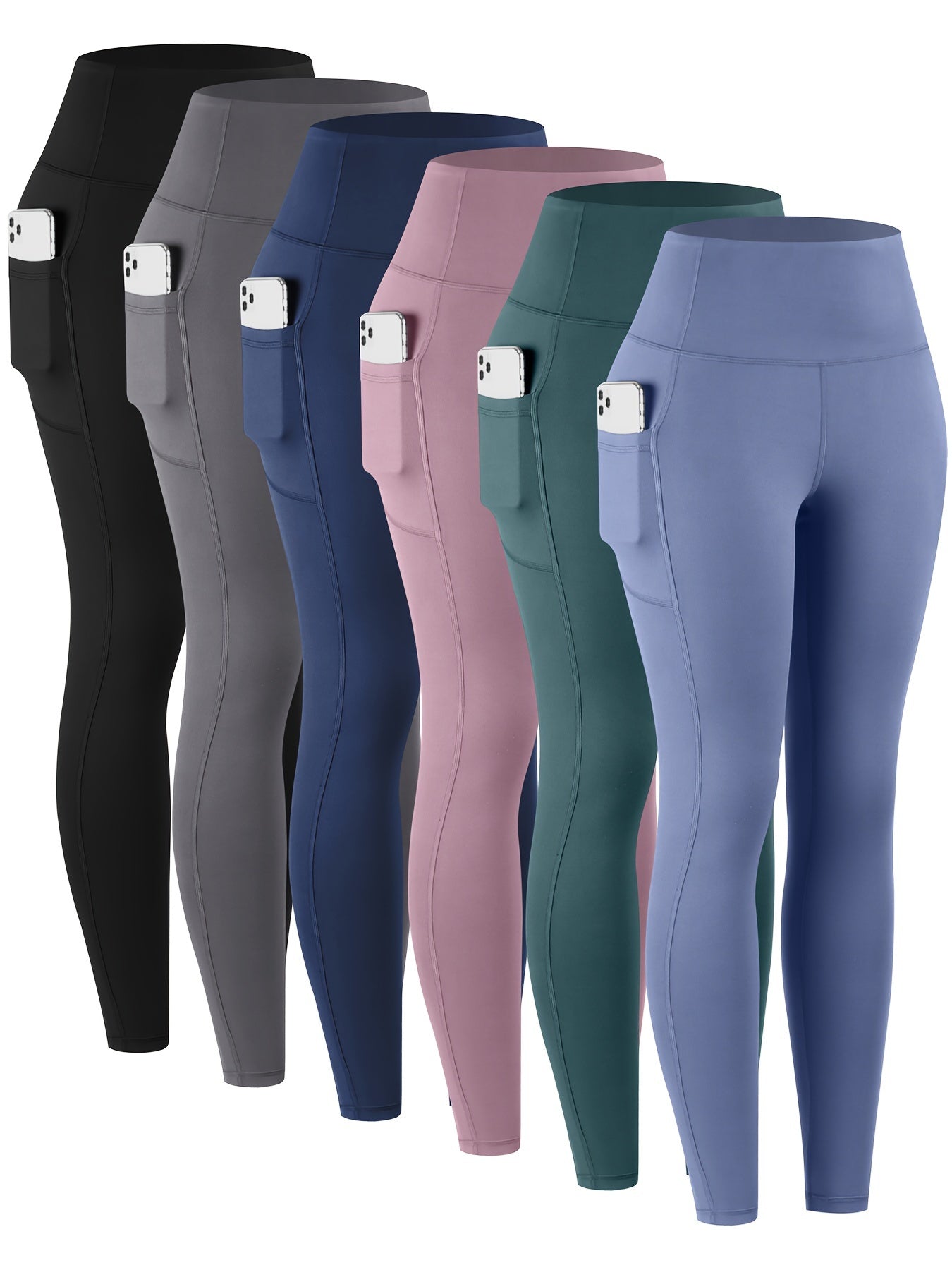 Women's High Waist Leggings with Pockets 6 Pack Buttery Soft Tummy Control Yoga Pants Multicolor S-XXL