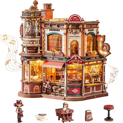 ROBOTIME 3D Wooden Puzzle Dream Coffee Factory Model with Mechanical Moving Parts, LED Lighting & Music - Wood Desk Decor Building Kit, Creative Gift for Hobbyists, Adults & Office Display