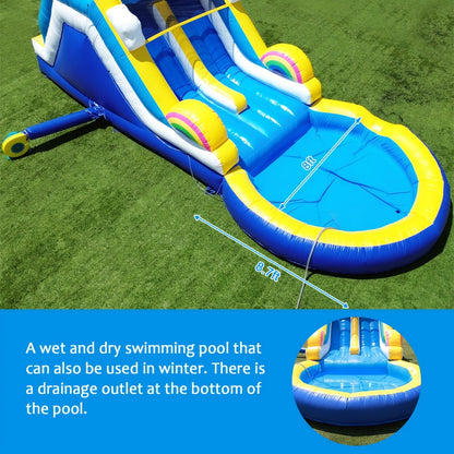 Toboggan aquatique gonflable de 24,5 pi avec soufflerie, toboggan aquatique d'extérieur en PVC de qualité commerciale 24,5x11x12 pi pour enfants et adultes, toboggan pour fête de piscine estivale dans le jardin - robuste, installation facile