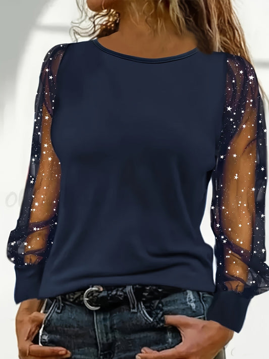 Chemisier élégant à manches ballon et sequins pour femme, haut extensible à col rond avec bordure en dentelle et maille, couleur unie, 95 % polyester, printemps, été, automne, S-XXL