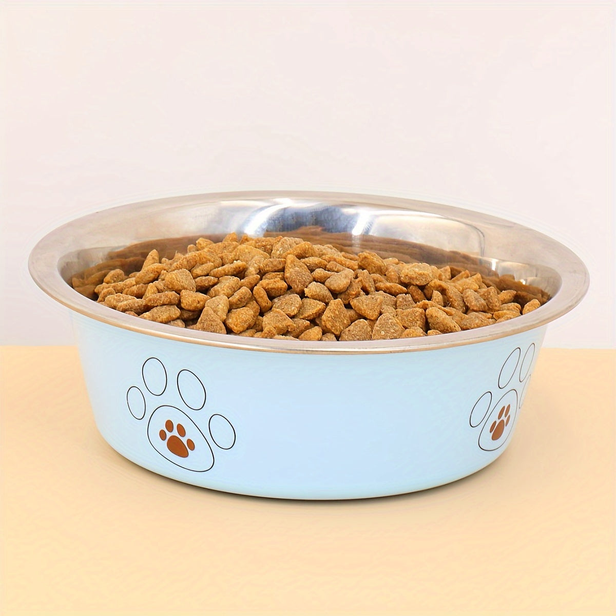 Écuelle pour chien en acier inoxydable avec motif empreintes, durable et antidérapante, bol pour nourriture et eau pour chiens, usage intérieur et extérieur, tailles S M L XL, coloris beige, rose, bleu