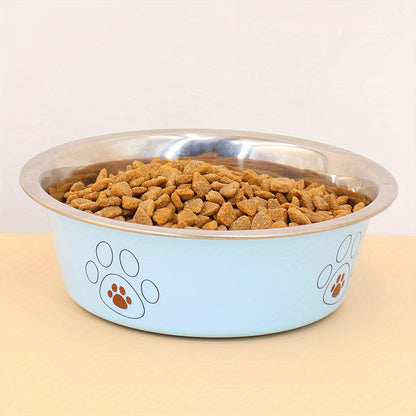 Écuelle pour chien en acier inoxydable avec motif empreintes, durable et antidérapante, bol pour nourriture et eau pour chiens, usage intérieur et extérieur, tailles S M L XL, coloris beige, rose, bleu