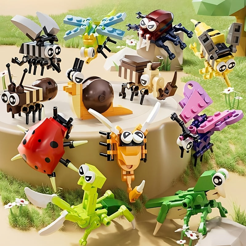Ensemble de 12 mini jeux de construction d'animaux et d'insectes pour enfants - Briques emboîtables à petites particules avec modèles d'animaux à assembler soi-même, jouet de construction STIM, cadeau d'anniversaire et activité de classe