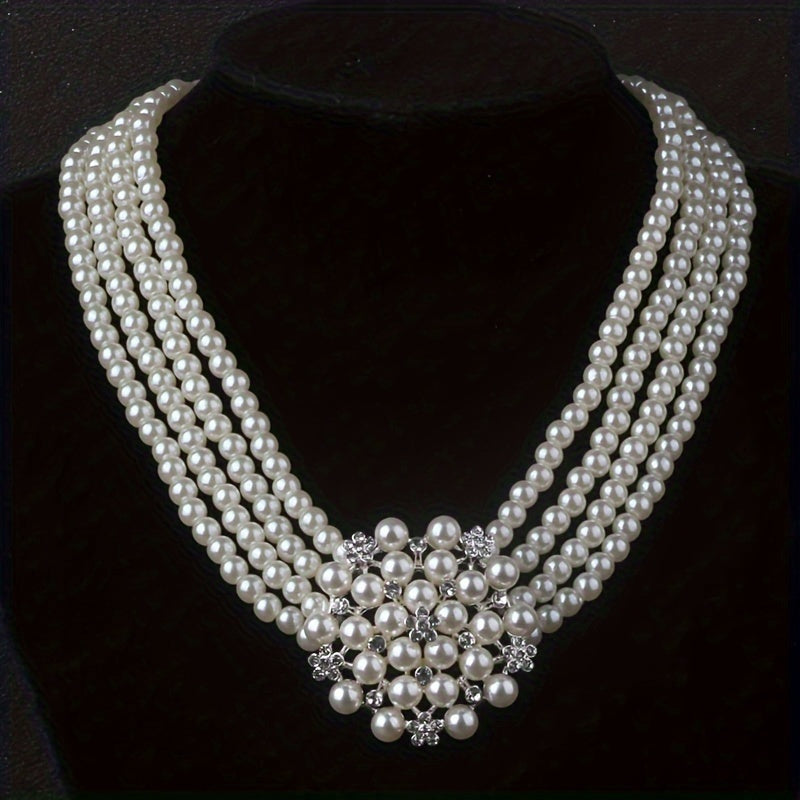 Parure de collier et boucles d'oreilles 4 rangs de perles blanc laiteux pour femme – Bijoux fantaisie plaqués argent style fleur superposée pour mariage, banquet, soirée, fiançailles, cadeau