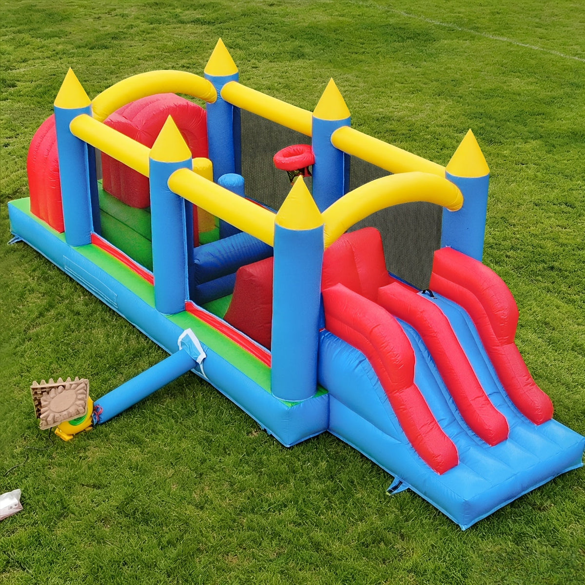 Parcours d'obstacles gonflable de 24 pieds avec double toboggan et soufflerie haute vitesse, parcours d'obstacles de jardin en PVC de qualité commerciale de 0,45 mm de 24x8x8 pieds pour enfants et adultes, installation rapide pour fêtes d'été en plein air