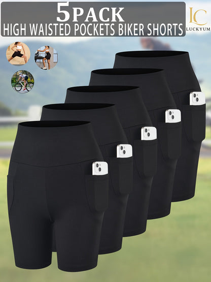 Lot de 5 shorts de cyclisme taille haute pour femme avec poches | Gainant et opaque | Short de sport pour yoga, course et entraînement, entrejambe de 15 cm | Stretch doux | XS-XXL | Couleurs assorties