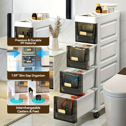 Meuble de rangement fin à roulettes avec tiroirs, organisateur en PP imperméable à 3, 4, 5 ou 6 niveaux pour salle de bain, cuisine, chambre, petits espaces – Tour de rangement étroite