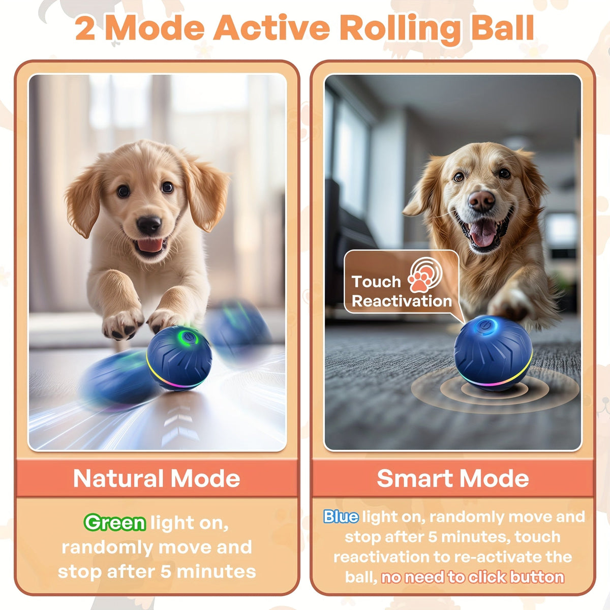 Balle interactive intelligente à rebond automatique pour chien – Jouet électronique à sauts et roulades automatiques, rechargeable par USB, durable pour toutes les races, balle de jeu mobile pour exercice en intérieur et en extérieur
