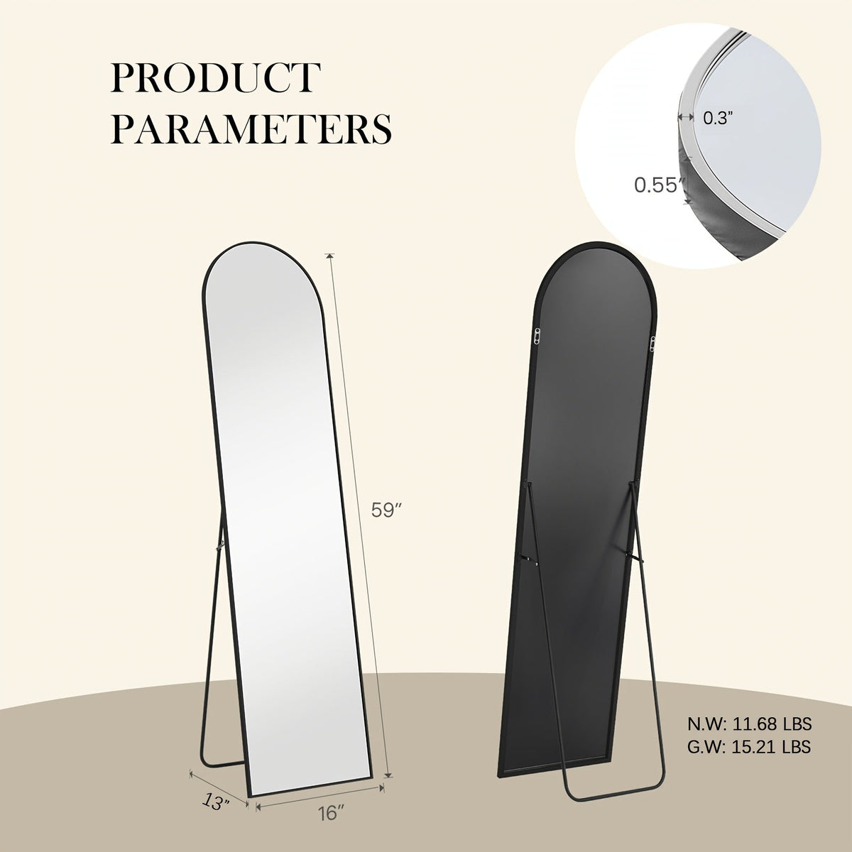 Miroir pleine longueur arqué avec support 64x21 / 59x16 pouces, miroir de sol en verre nano incassable avec cadre en alliage d'aluminium, miroir pleine longueur sur pied pour chambre, salon, vestiaire, décoration murale