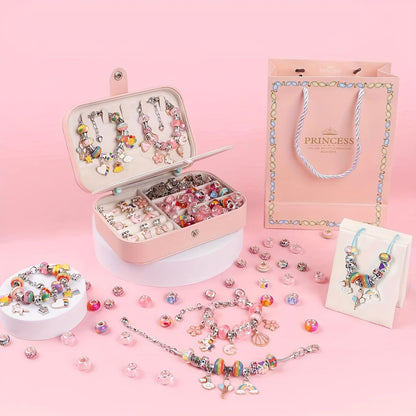 Kit de création de bracelets à breloques de 134 pièces – Ensemble de perles DIY mignon pour bijoux avec 120 perles, 6 bracelets, 6 colliers, boîte à bijoux et sac cadeau, meilleur cadeau d'anniversaire ou de Nouvel An pour filles, enfants et adolescentes