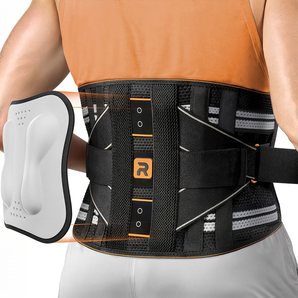 Ceinture lombaire de soutien avec coussin de massage, ceinture respirante pour le bas du dos pour hommes et femmes – Ceinture réglable pour soulagement de la douleur au travail, au port de charges et en voiture (Orange et bleu, S-XXL)