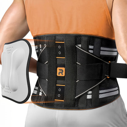 Ceinture lombaire de soutien avec coussin de massage, ceinture respirante pour le bas du dos pour hommes et femmes – Ceinture réglable pour soulagement de la douleur au travail, au port de charges et en voiture (Orange et bleu, S-XXL)