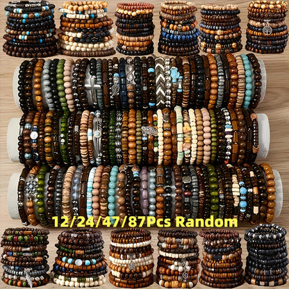 Ensemble de bracelets bohèmes en perles de bois – Bracelets élastiques empilables avec breloques tortue, croix, feuille et plume, couleurs assorties, au choix par 12, 24, 47 ou 87 pièces – Parfait pour un usage quotidien et offrir en cadeau