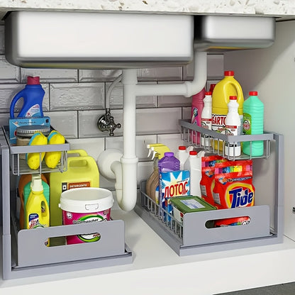 Organisateur sous évier coulissant à 2 niveaux pour cuisine et salle de bain, étagère de rangement extractible – Noir, blanc ou gris clair, lot de 1 ou 2