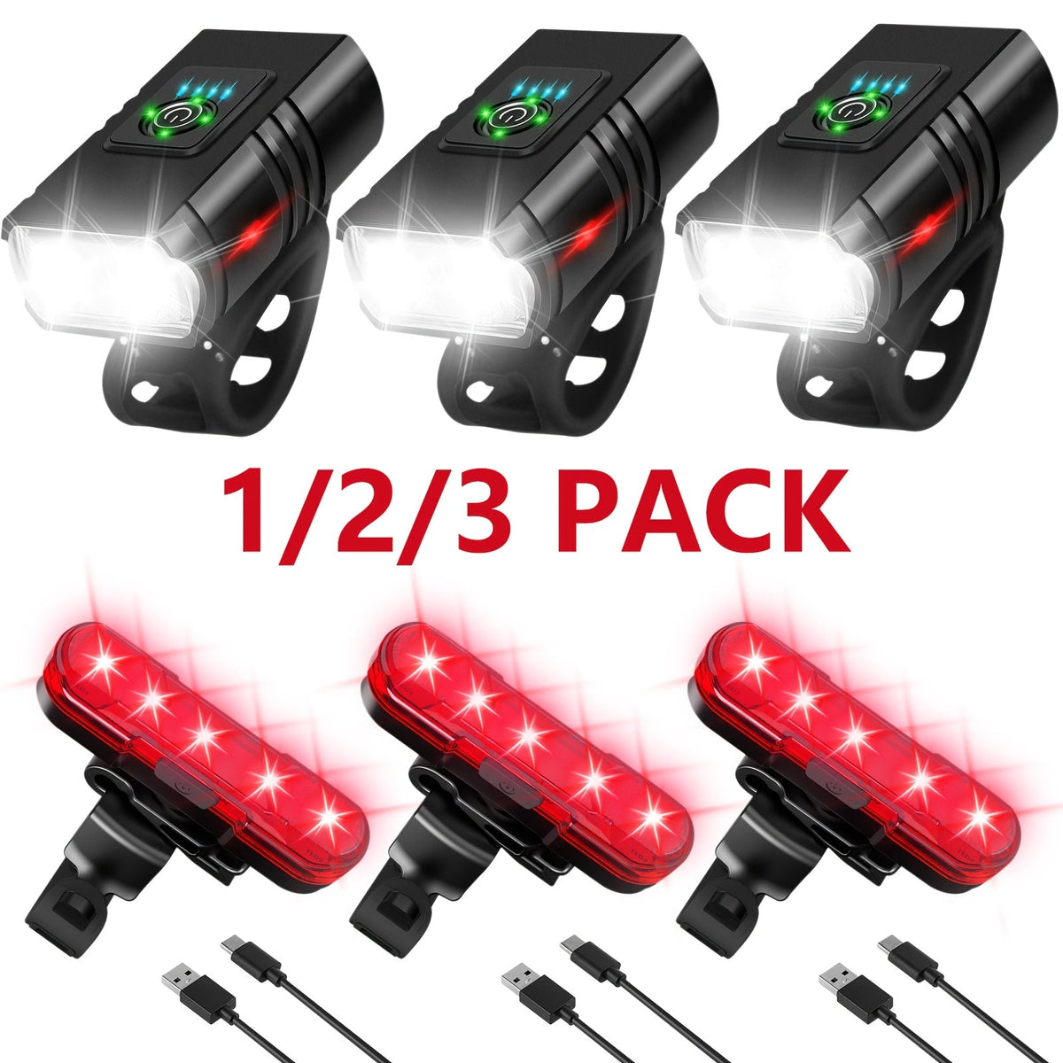 Ensemble de lumières de vélo LED rechargeables USB-C 1500 lumens – Feux avant et arrière pour vélo, 6+4 modes, étanches, indicateur de charge, charge rapide, éclairage de sécurité nocturne pour vélo de route et VTT
