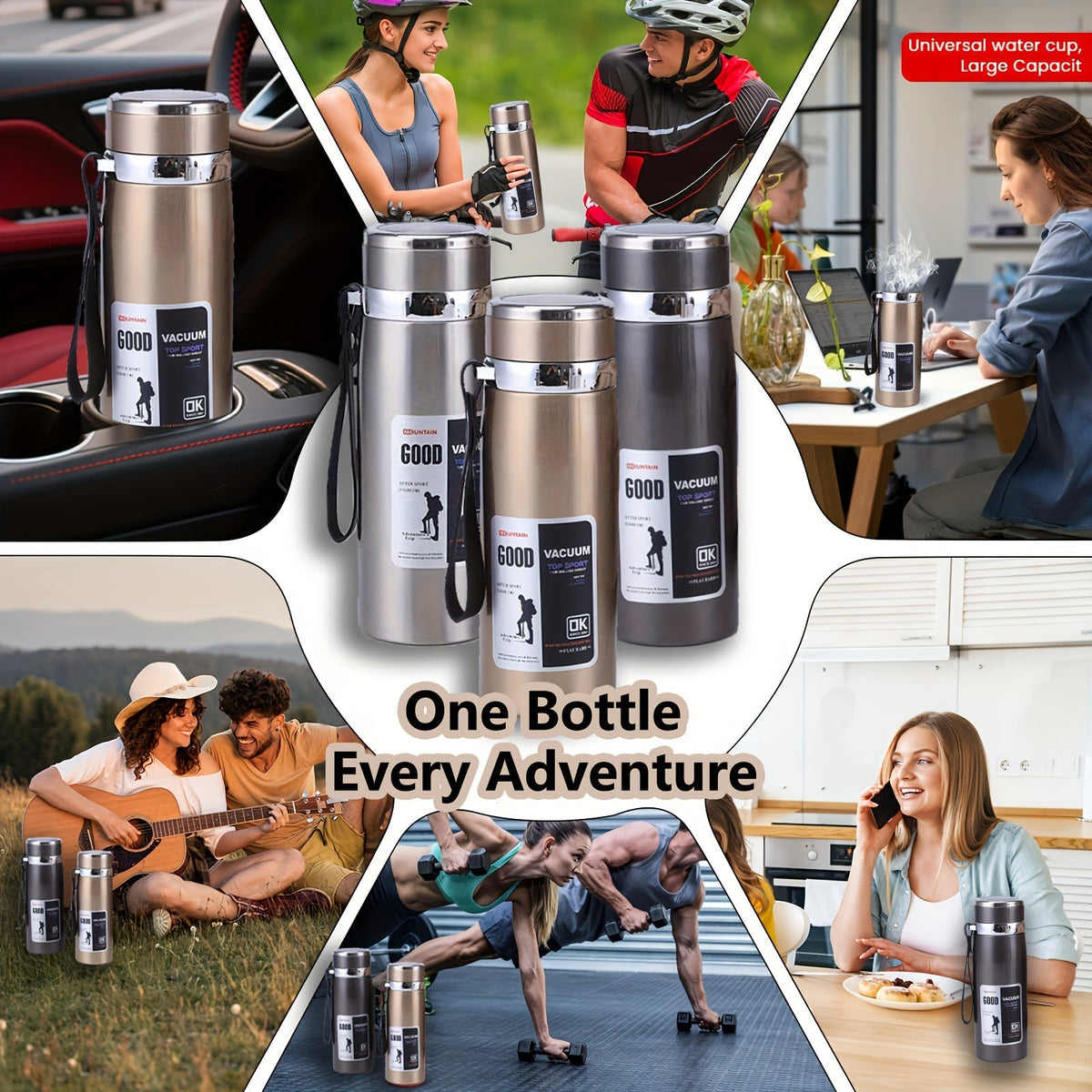 Bouteille d'eau isotherme grande capacité 1 L, gourde sous vide à double paroi en acier inoxydable 316 avec couvercle étanche pour le camping, les voyages, la salle de sport et l'hydratation au quotidien