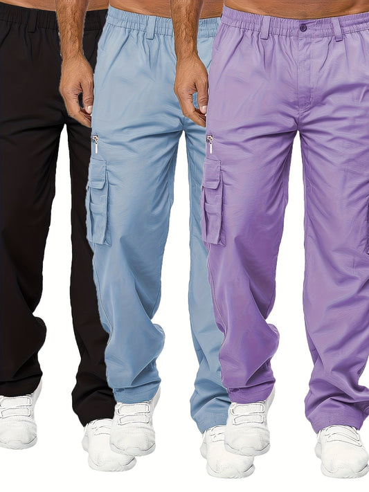 Men's Cargo Pants 3-Pack Multi-Pocket Regular Fit – Solid Color Polyester Woven Hiking Outdoor Pants for Spring & Fall, Sizes S-XXXL, 9 Color Combos