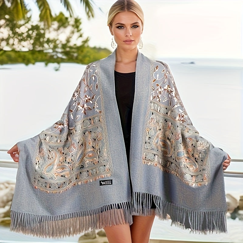 Châle en cachemire bohème pour femme – Broderie cachemire vintage avec pompons, étole légère et chaude pour le printemps et l'automne, 6 couleurs, lavable à la main, pour tenues décontractées et habillées