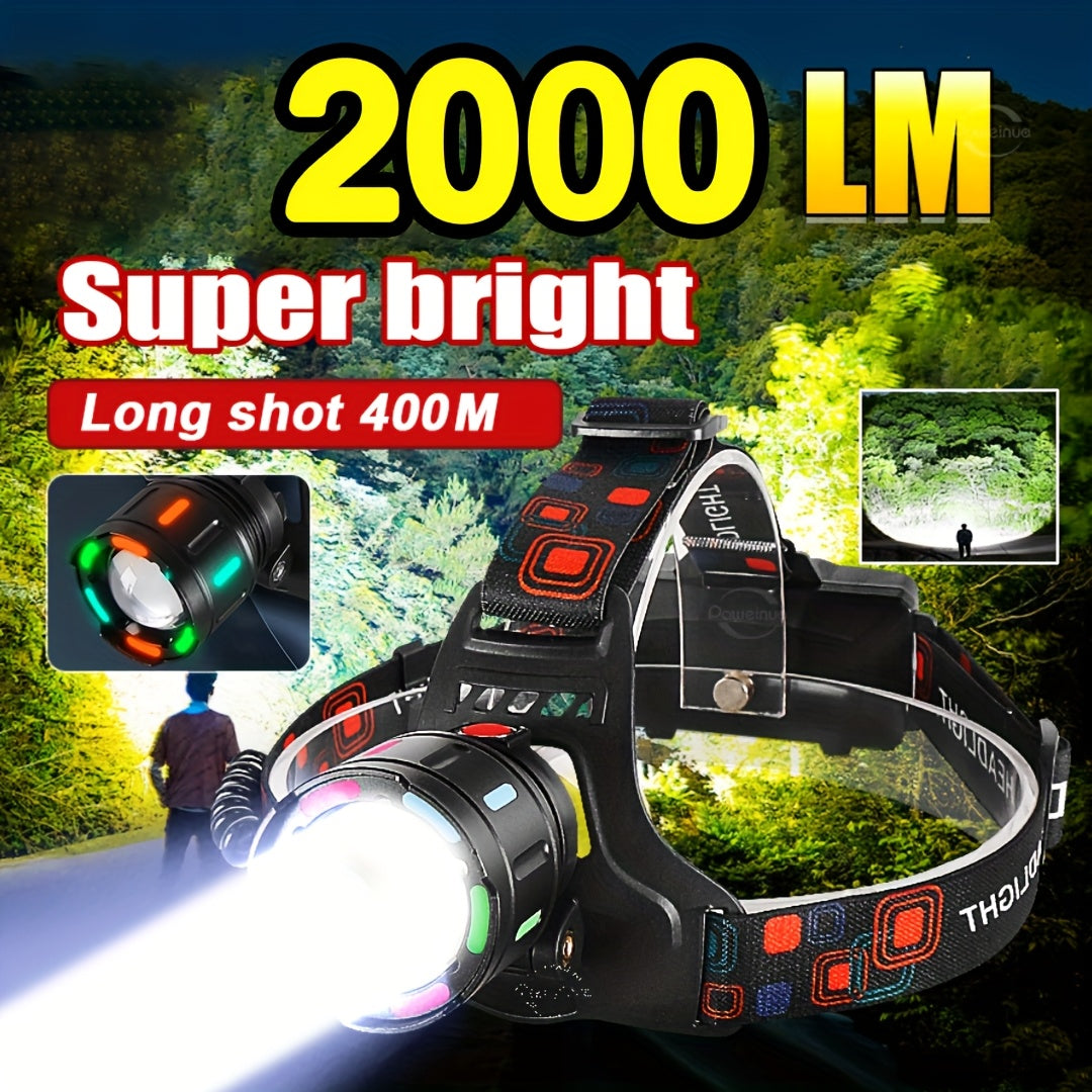Lampe frontale LED rechargeable, 4 modes, focale réglable, inclinaison à 90°, feu arrière d'avertissement, pour le camping, la randonnée, l'aventure, les réparations d'urgence, lampe durable pour adultes