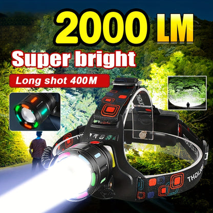 Lampe frontale LED rechargeable, 4 modes, focale réglable, inclinaison à 90°, feu arrière d'avertissement, pour le camping, la randonnée, l'aventure, les réparations d'urgence, lampe durable pour adultes