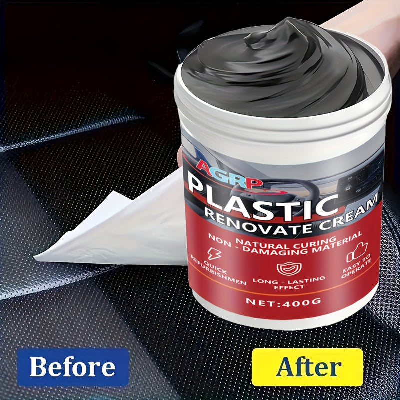 Cire rénovatrice pour plastiques de voiture 400 g – Polish haute brillance résistant aux UV pour tableau de bord, pare-chocs, pneus et garnitures extérieures, pâte de detailing intérieur et extérieur anti-décoloration, séchage rapide non gras